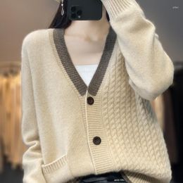 Women's Knits Autumn/Winter V-neck Solid Sweater Pure Wool Twisted Knitted Blouse Fashionable Soft Cardigan