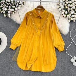 Women's Blouses Gagarich Women Shirt Dress 2023 Autumn Korean Style Fashion Loose Casual Patchwork Mesh Beaded Midi Long Foreign Blouse Top