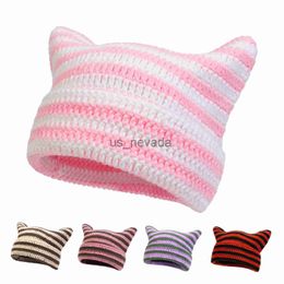 Beanie/Skull Caps 2023 New Little Devil Hand crocheted Woollen Hat Striped Hat Cute Cat's ears (Steamed cat-ear shaped bread) Casual Warm Hat J0823