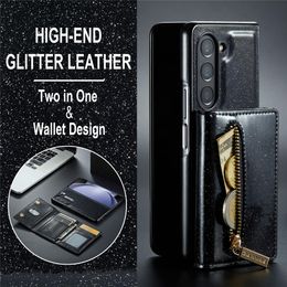 DG.Ming Retro Glitter Leather Wallet Case for Samsung Galaxy Z Fold5 4 3 Magnetic Wallet Stand Cover