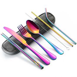 8Pcs/set Tableware Reusable Travel Cutlery Set Camp Utensils Set with stainless steel Spoon Fork Chopsticks Straw Portable Case HKD230824.