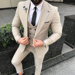 Slim Fit Beige 3 Piece Suit Men Wedding Tuxedos Bridegroom Groomsmen Suits Men Business Party Prom BlazerJacket Pants Tie Vest1286C