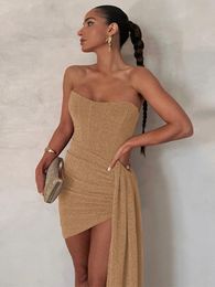 Basic Casual Dresses Khaki Mini Strapless Dress 2023 Summer Black Bright Silk Corset Bodycon for Women Sexy Backless Evening Party Club Outfits 230822