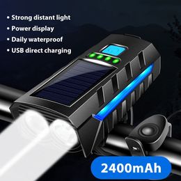 Bike Lights TLXT Solar Bicycle and Bell Waterproof Road Headlight 2400mAh Usb Rechargeable Flashlight with 130db Lound Horn 230823