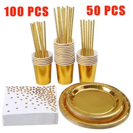 Other Event Party Supplies 50100PCS Gold Rose Blue Pink Disposable Tableware Set Dinner Plate Wedding Birthday Baby Shower Decoration 230822