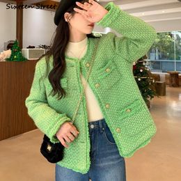 Women's Wool Blends Vintage Green Tweed Jacket Women Autumn Golden Button Pocket Elegant Wool Coat Female Korean Business OL Winter Outerwear 230823