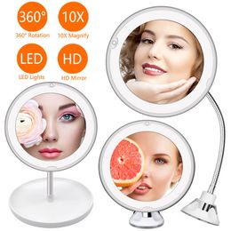 Compact Mirrors 10X LED Light Makeup Mirror Lamp Magnifier Battery Portable Hand Vanity Glass Mini Miroir Bathroom Cosmetic Bath Suction Cup 230823