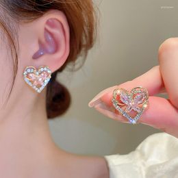 Stud Earrings MENGJIQIAO Korean Fashion Hollow Heart Pink Zircon For Women Girls Summer Mori Earring Brincos Jewelry Gifts