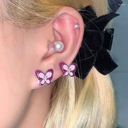 Stud Earrings 2023 Korean Fashion Pink Butterfly Girl Y2K Accessories Sweet Cute Rhinestone Animal Earring For Women Jewellery