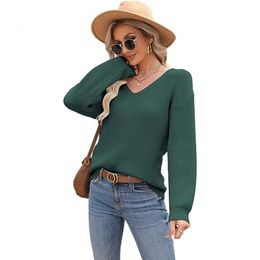 Womens Sweaters Fall Winter Pullover Sexy V Neck Solid Color Cozy Loose Ribbed Knitwear Sweater Tops 230822