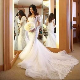 Sjöjungfruklänningar 2023 Sheer Jewel Neck Lace Applicants Långa ärmar Brudklänningar Custom Made Plus Size Wedding Dress