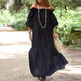 Party Dresses Vintage Loose Puff Sleeve Beach Dress Casual Strapless Pleated Office Lady Black Ruffle Slash Neck Long Vestidos