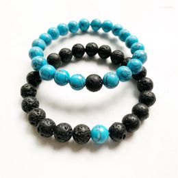 Strand Blue Howlite Bracelet Men Women Black Volcanic Lava Stone Beads Couple Jewellery His And Her Friendship