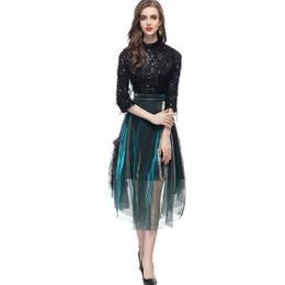 Women's Runway Designer Two Piece Dress O Neck 3/4 Sleeves Sequined Blouse with Layed Skirt Fashion Twinset Sets