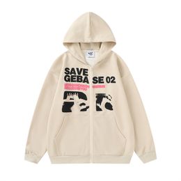 Men Sweatshirt Coat Y2K Streetwear Hip Hop Cartoon Graphic Letter Print Zipper Hooded Hoodie Jacket Harajuku Loose Casual Coats