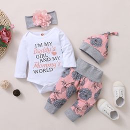 Rompers 018 Months born Baby Girl Clothing Long Sleeve Romper Rose Pant with Hat Headband Spring 4PCS Outfit Toddler Clothes 230822