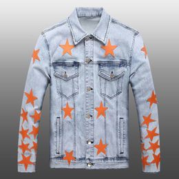 Men's Jackets Fashion Men's Jacket Leather Star Pattern Jacket for Men Ripped Denim Coats Biker Bomber Jacket Men Denim Jacket 230823