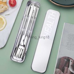 304 Stainless Steel Portable Tableware Chopsticks Spoon Fork Three Piece Set Stainless Steel Storage Box for Students HKD230812