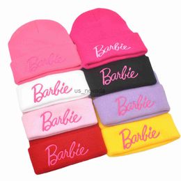 Beanie/Skull Caps Autumn and Winter New Barbie Embroidery Knitted Hat Women's Barbie Pink Hat Outdoor Warm Cute Woollen Hat J230823