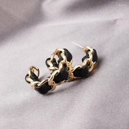 Hoop Earrings Unusual Huggie Knotted Chunky Chain Black Leather For Women Gold Color Alloy Link Open Party Jewellery