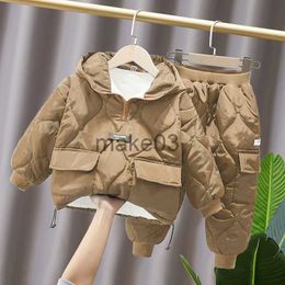 Down Coat Boys' winter suits children's Korean version plus velvet thickened 2 piece jackets are handsome in winter 2022 new winter suit J230823
