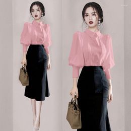 Work Dresses Woman Office Graceful Long Sleeve Slim Shirt Top And Mini Skirts Two Piece Dress Set Female Blouse Elegant Skirt Outfits G123