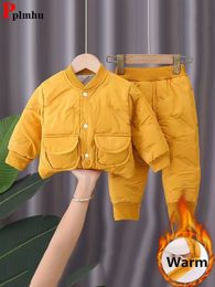 Clothing Sets Winter Cotton Padded Lined Children Conjunto Boys Single Breasted Oneck Coat Suit Warm Thicken Girls Jogger Pants 2 Piece 230823