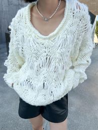 Women's Sweaters DALMAZZO Autumn And Winter Runway Design Knitted Sweater Women V Neck Pullovers Crochet Needle Hole Loose Tops