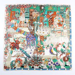 Scarves Animals Party Print Twill Silk Scarves Wraps Women Square Shawl Brand Hijab Bandana Handmade Curled Head Scarf Neckerchief 90CM 230823