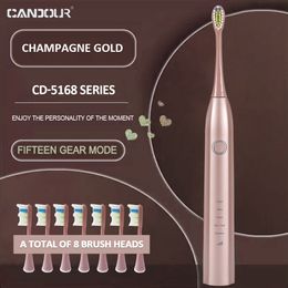 Toothbrush CANDOUR CD-5168 Sonic Electric Toothbrush Rechargeable Toothbrush IPX8 Waterproof 15 Mode USB Charger Replacement Heads Set 230823