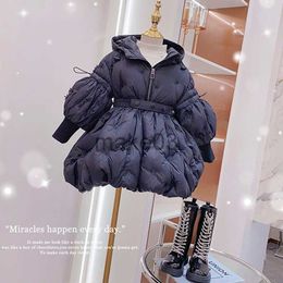 Down Coat Fashion Baby Girls Winter Jacket Cotton Padded Toddler Teens Hooded Long Coat Kids Black Flower Thick Child Outerwear XMP387 J230823