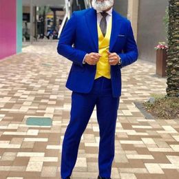 Men's Suits Style Groomsmen Peaked Lapel Groom Tuxedos Royal Blue Men Wedding Man ( Jacket Pants Vest )