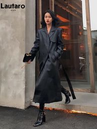 Womens Leather Faux Lautaro Spring Autumn Long Black Soft Pu Trench Coat for Women Belt Double Breasted Cool Handsome European Fashion 230822