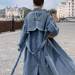 Women's Trench Coats Vintage Blue Denim Windbreaker Jacket Autumn Spring Coat Women Loose Casual Elegant Long Jeans Overcoat Female Clothing