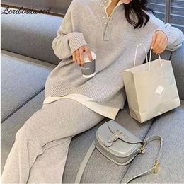 Women s Suits Blazers Vintage Chic Style Knitted Sportswear Two Piece Suit 2023 Autumn And Winter Fashion Loose Sweater Wide Leg Pants Sets 230823