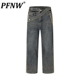 Men s Jeans PFNW High Street Trendy Washing Distressed Patchwork Straight Waist Raw Edge Design Loose Denim Pants 12Z4176 230823