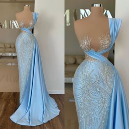 Sexy Sheer Neck Evening Dresses One Shoulder Sequined Mermaid Formal Dress Side Train Prom Party Gown