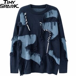 Men's Sweaters Men Streetwear Ripped Sweater Patchwork Knitted Sweater Hip Hop Retro Pullover Cotton Harajuku Sweater Soft Y2K Black Blue 230822