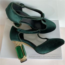 Wedding Agate Dress High Jeweled Chunky Emerald Heel Shoes T Strap Green Veet Round Toe Pumps Women Ss oe