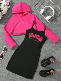 Clothing Sets Girls Fall and Winter Rose Red Hooded Sweater Sling Letter Skirt TwoPiece Set 814Y 230822