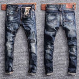 Men's Jeans Streetwear Fashion Men Retro Blue Elastic Slim Fit Ripped Trousers Italian Vintage Designer Casual Denim Pants