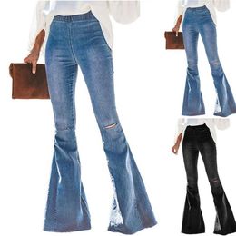 2020 Womens Flare Pants Ripped Vintage High Waist Skinny Jeans For Women Sexy Retro Denim Pants Lady Streetwear Trouser267q