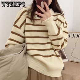 Womens Sweaters Women Winter Polo Collar Contrast Colour Striped Knitted Sweater Lazy Style Simple Longsleeved Pullover Trend 230822
