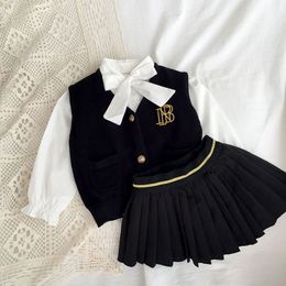 Clothing Sets Children Spring Autumn Girls Set Vest Shirt Skirt V Neck Collar Single Breasted Solid Fashion 230823