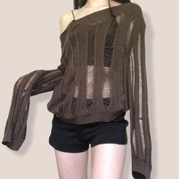 Women's Sweaters Women Hollow Out See-through Knitwear 2023 Solid Color Long Sleeve Boat Neck Crochet Pullovers Sweater S-L Black/ Brown