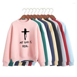 Women's Hoodies MY GOD IS REAL. Print Woman Jesus Sweatshirt Sweet Korean O-neck Knitted Pullover Autumn Winter Candy Colour Loose Women