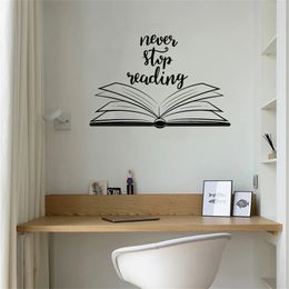 Wall Stickers Never Stop Reading Quote Sticker Vinyl Decal Open Book Room Library Decor Removable Murals Wallpaper 230822