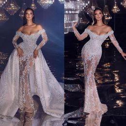 America Mermaid Wedding Dresses With Detachable Train Crystal Beaded Plus Size Off Shoulder Bridal Gowns Wedding Dress