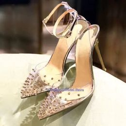 Dress Shoes Mixed Colour Ankle Wrap Transpatent PVC Gold Rivet Thin High Heel Shoe Pointed Toe Pumps Sexy OL Ladies Heels 230823