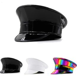 Berets Wmen PU Leather Military Hat Men Rainbow Laser Patent PVC Captain Cap Prom Performance Bar Cosplay Show Cool Beret 230822